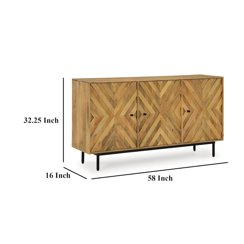 Sideboard Cabinet Console, Diamond Pattern 3 Doors, Brown 58 Inch