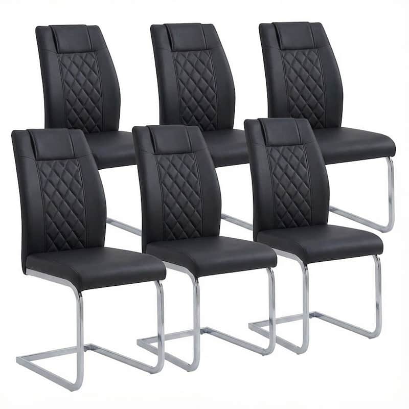High-Back Dining Chairs Set of 6, PU Leather Modern Kitchen Chairs with Silver Legs for Home Furniture Dining & Kitchen Room - Black