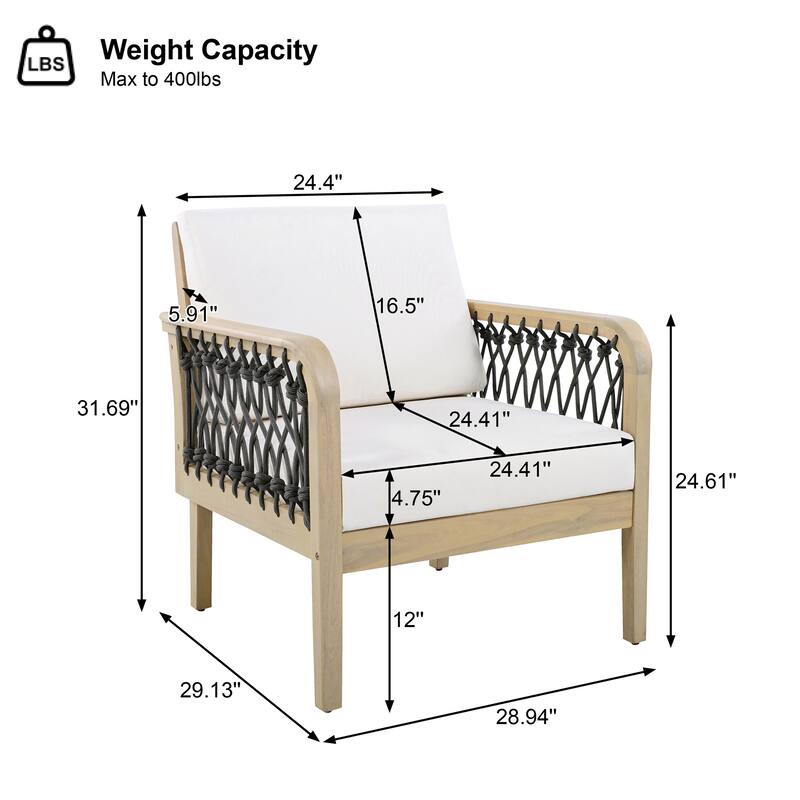 Christopher Knight Home - Outdoor Patio 28.94" Acacia Wood Club Chair with Handwoven Rope Panels and Cushions