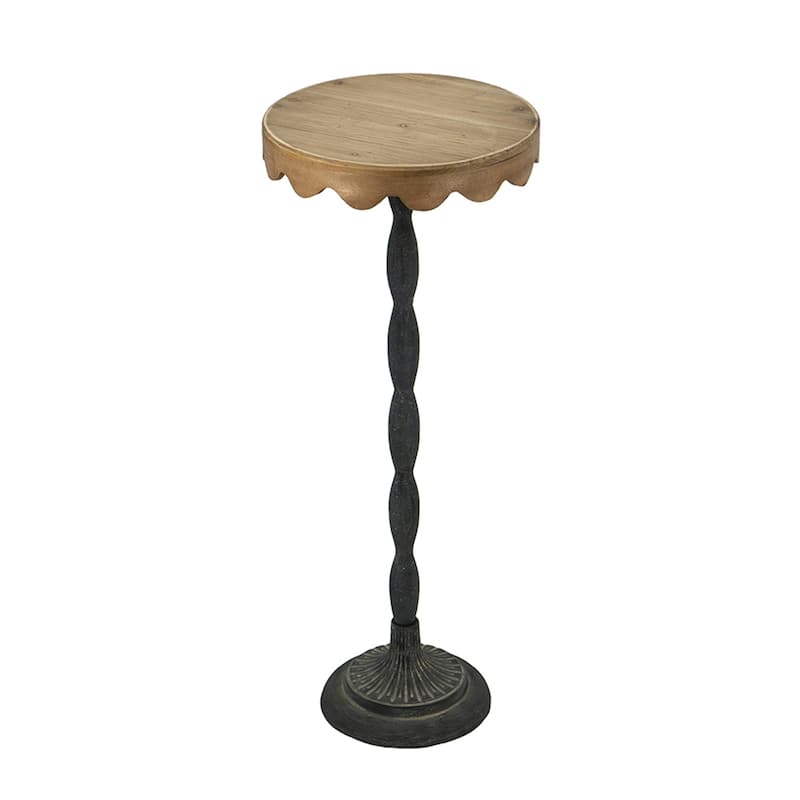 D12x29.5" Black Iron Side Table with Scalloped Brown Wooden Top - Black+Brown