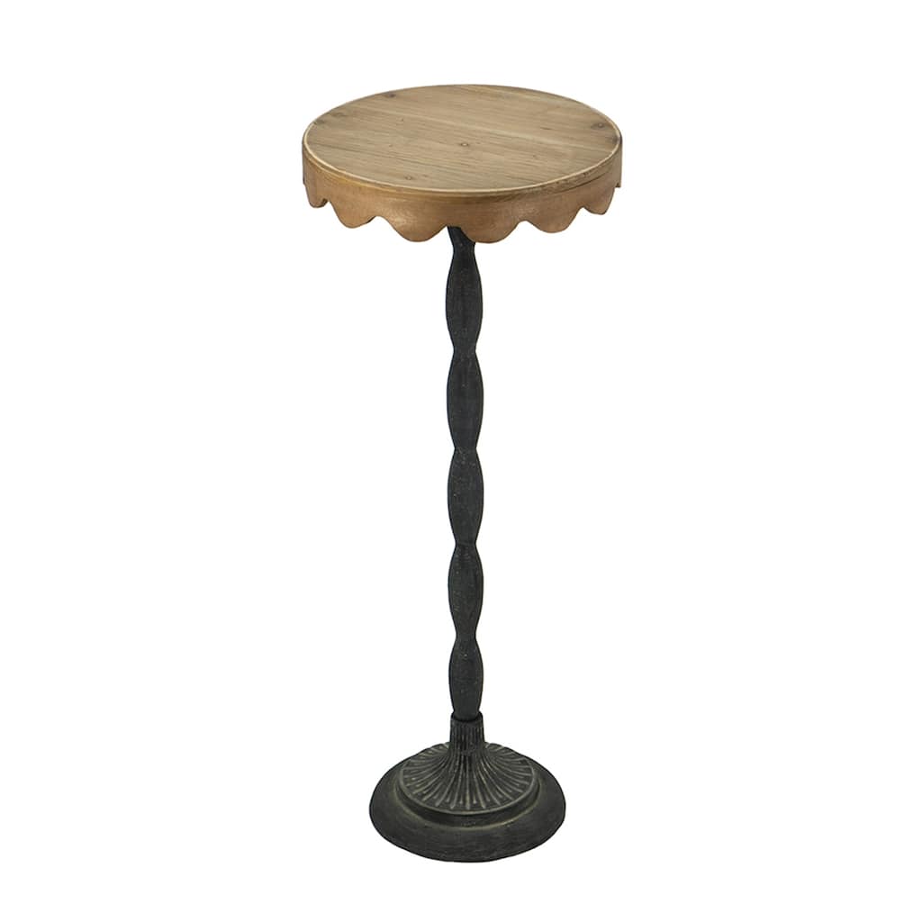 D12x29.5" Black Iron Side Table with Scalloped Brown Wooden Top