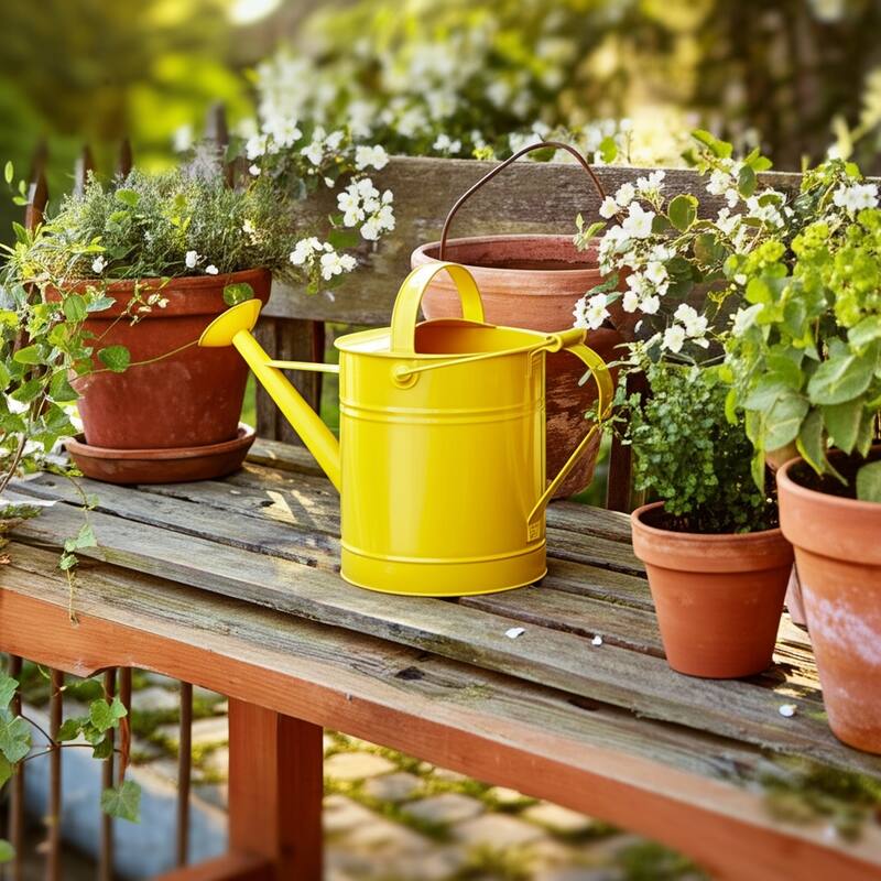 Metal and Wood Watering Can Long Spout Outdoor Garden Use - 10" Yellow - 20" x 9.5" x 10"