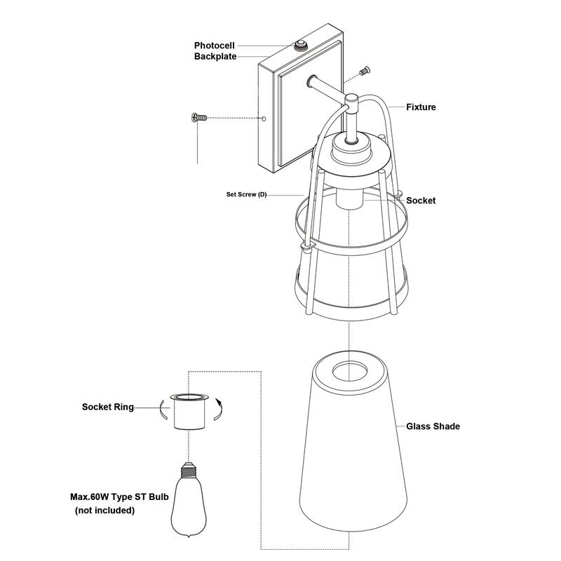 VAXCEL Portage Park 12.75 in. H 1-Light Matte Black Dusk to Dawn Sensor Outdoor Wall Sconce, Steel, Clear Seeded Glass Shade