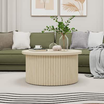 Round Coffee Table with Wood Grain Vertical Stripes, Small Fluted Circle Side Table, Center Table with Adjustable Feet