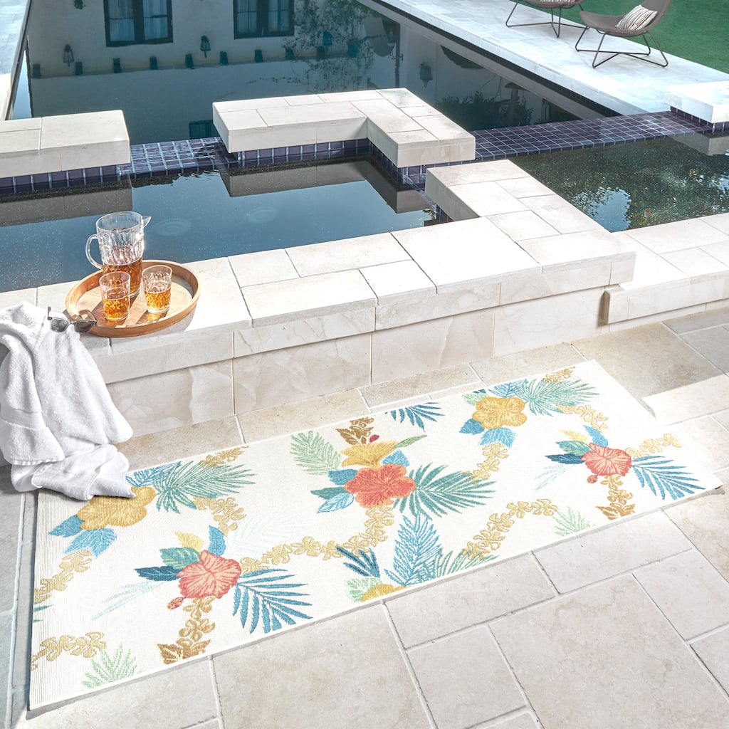 Reyn Spooner Fresco Laka Ivory/Blue/Yellow Floral Lei Flatweave Indoor/ Outdoor Area Rug Runner - 2'1" x 6'