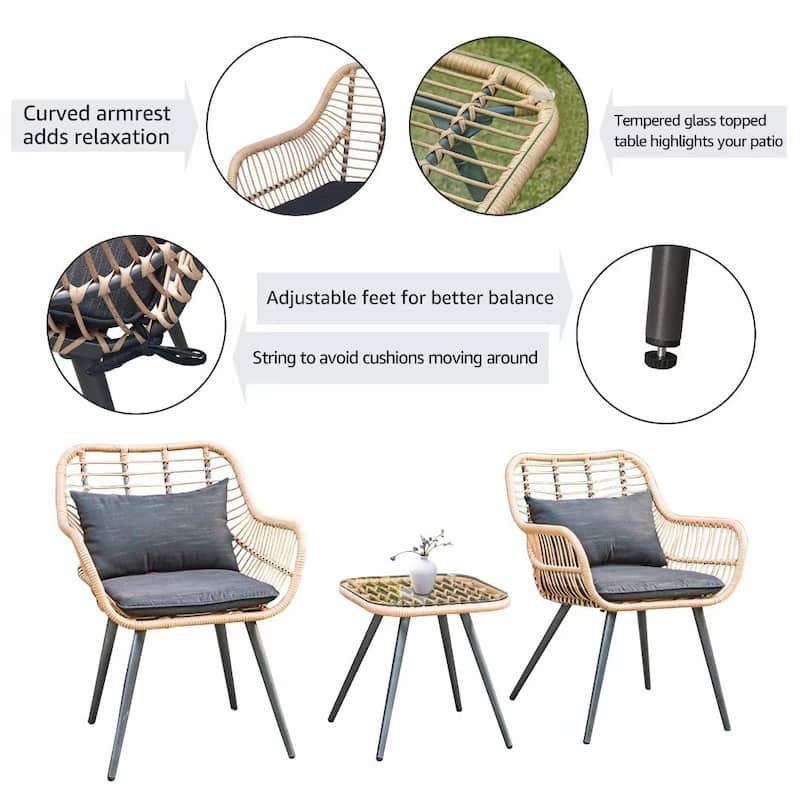 3-Piece Cushioned Bistro Set Patio Wicker Chair and Side Table
