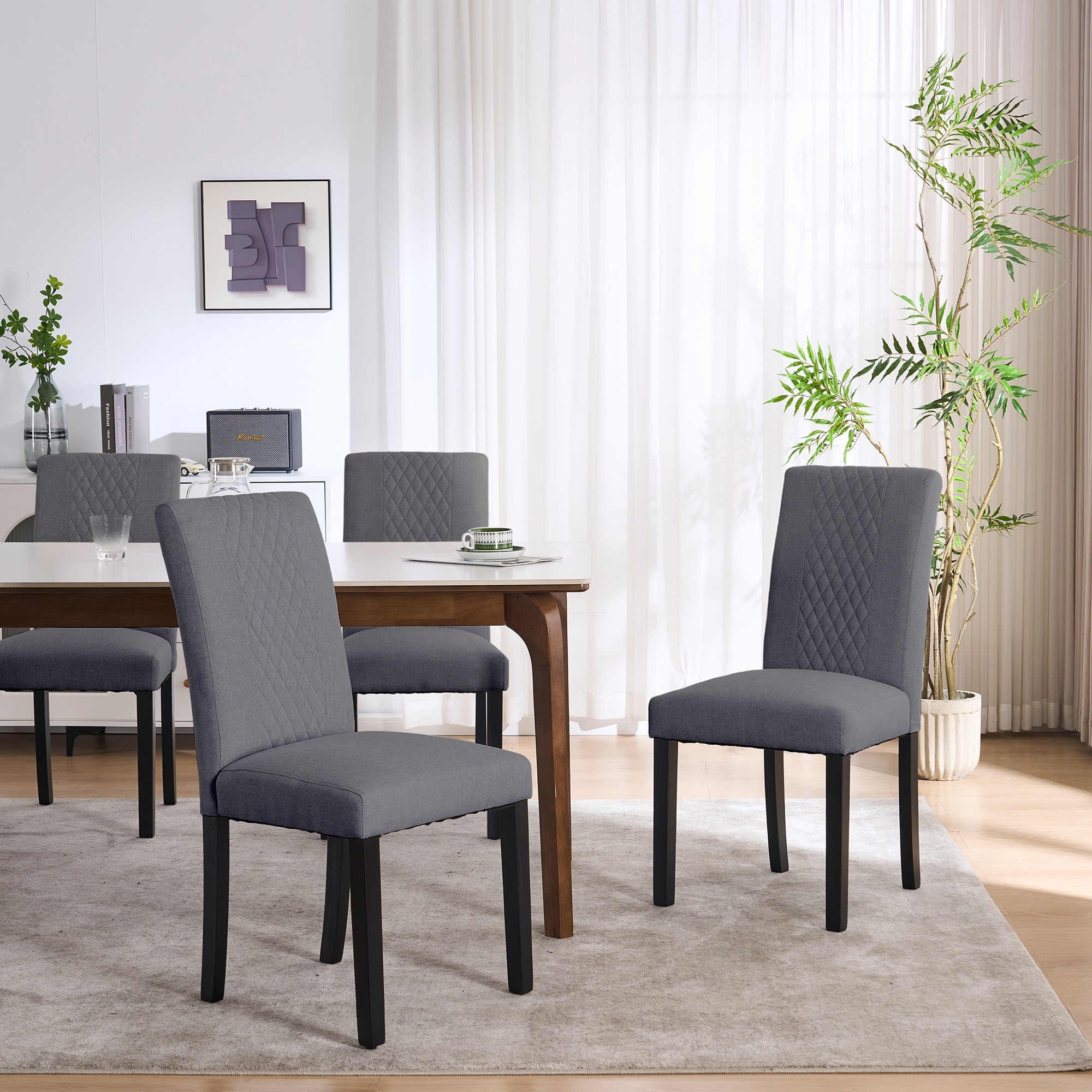 Tufted Upholstered Wooden Dining Chairs with Diamond-Pattern (Set of 2)