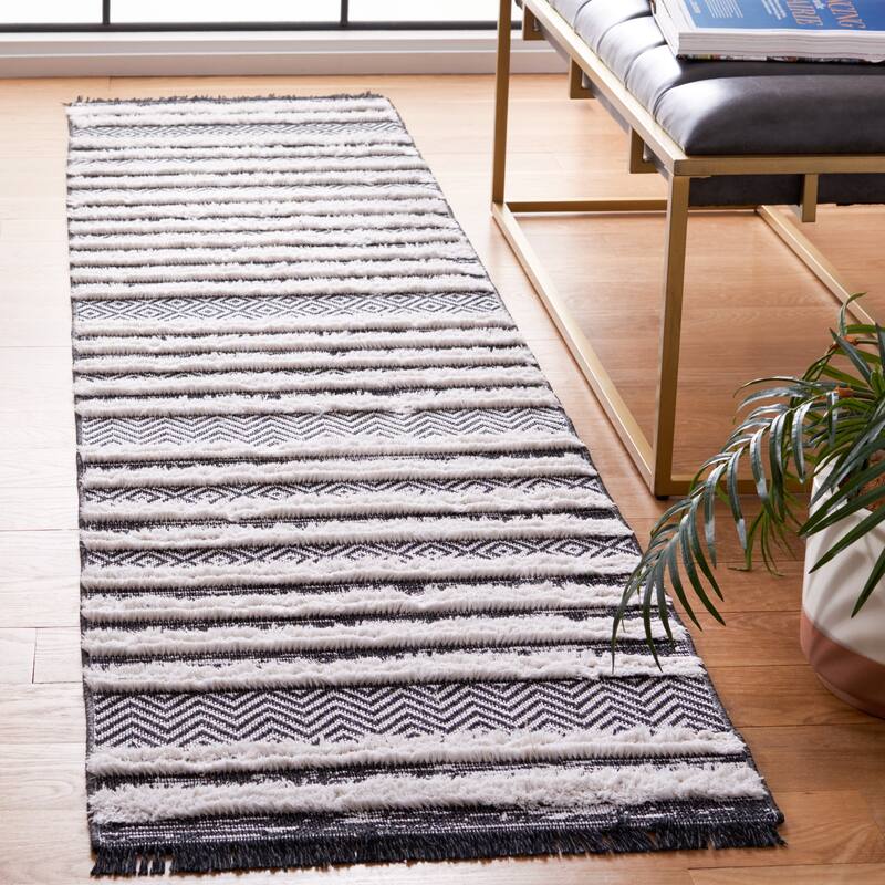 SAFAVIEH Augustine Zoulikha Stripe Fringe Rug - 2' x 9' Runner - Black/Ivory