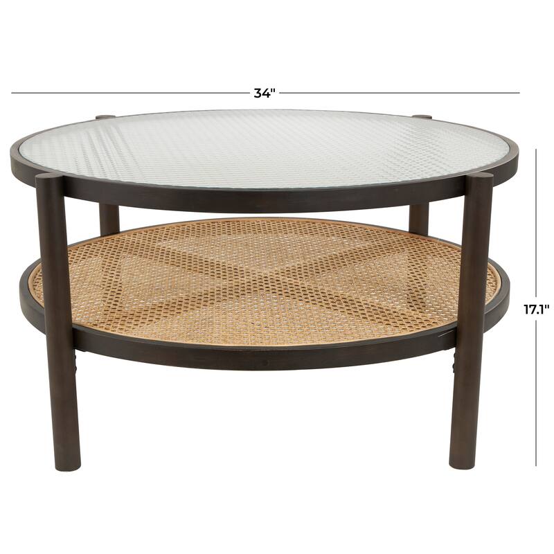 Brown Rattan Accent Table with Pressed Tempered Glass Top