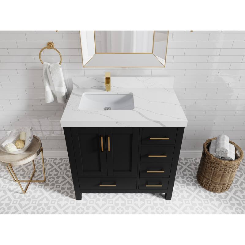 Willow Collections 36 in. W x 22 in. D Malibu Left Offset Sink Bathroom Vanity with Countertop - 2" Calacatta Laza - Black