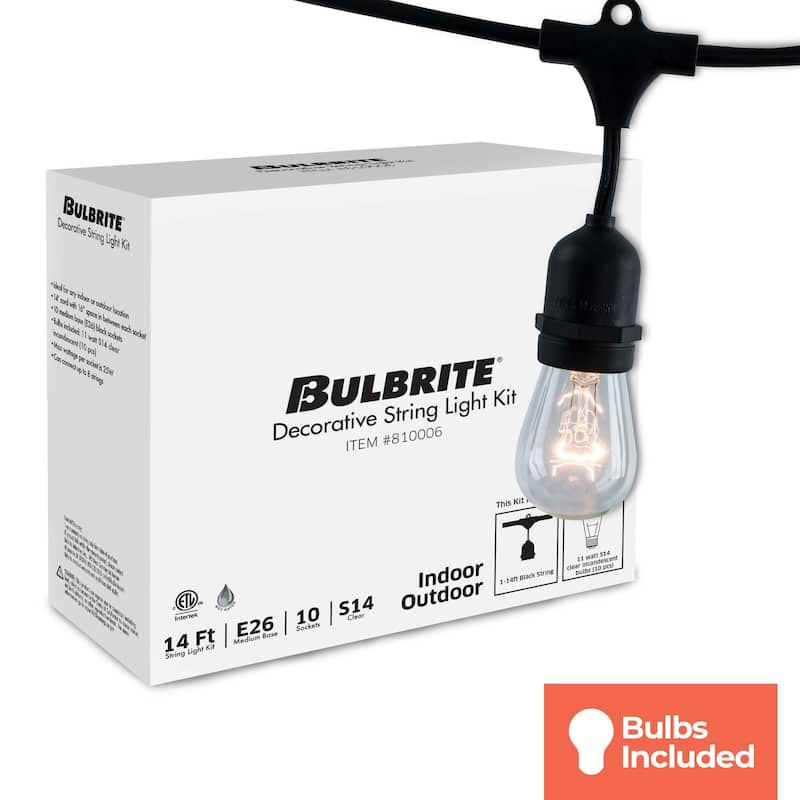 Bulbrite 14 ft Indoor/Outdoor 10-Socket (E26) Decorative String Light Kit, Black