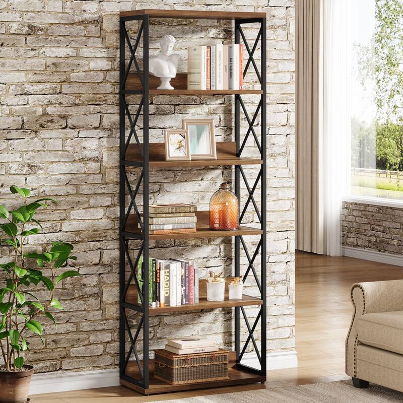 6-Tier Industrial Bookshelf, 70-Inch Tall Etagere Bookcase with Open Shelves - Black Brown