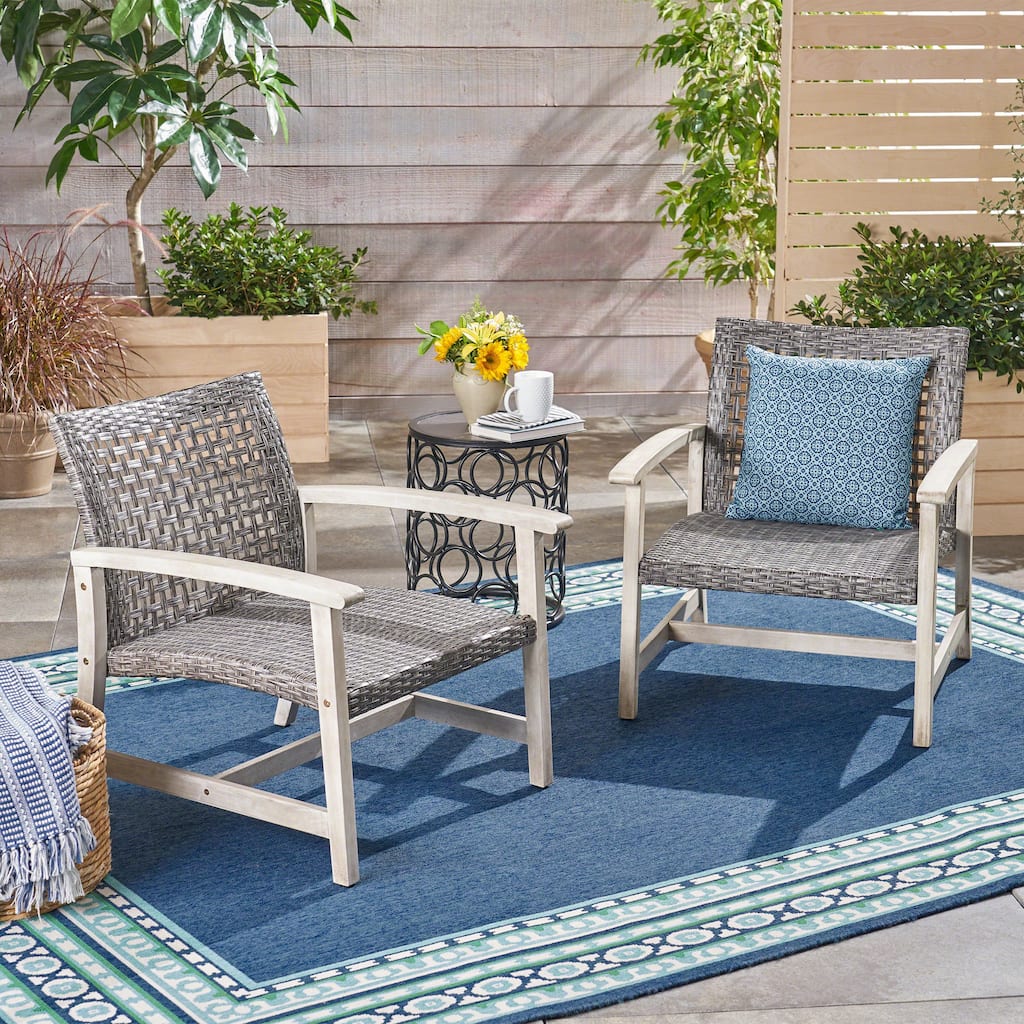 2-Piece Outdoor Acacia Wood Wicker Club Chairs-Faux Rattan Seating