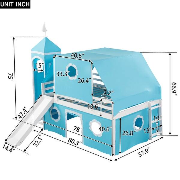 Blue Full Bunk Bed with Slide, Tent & Tower
