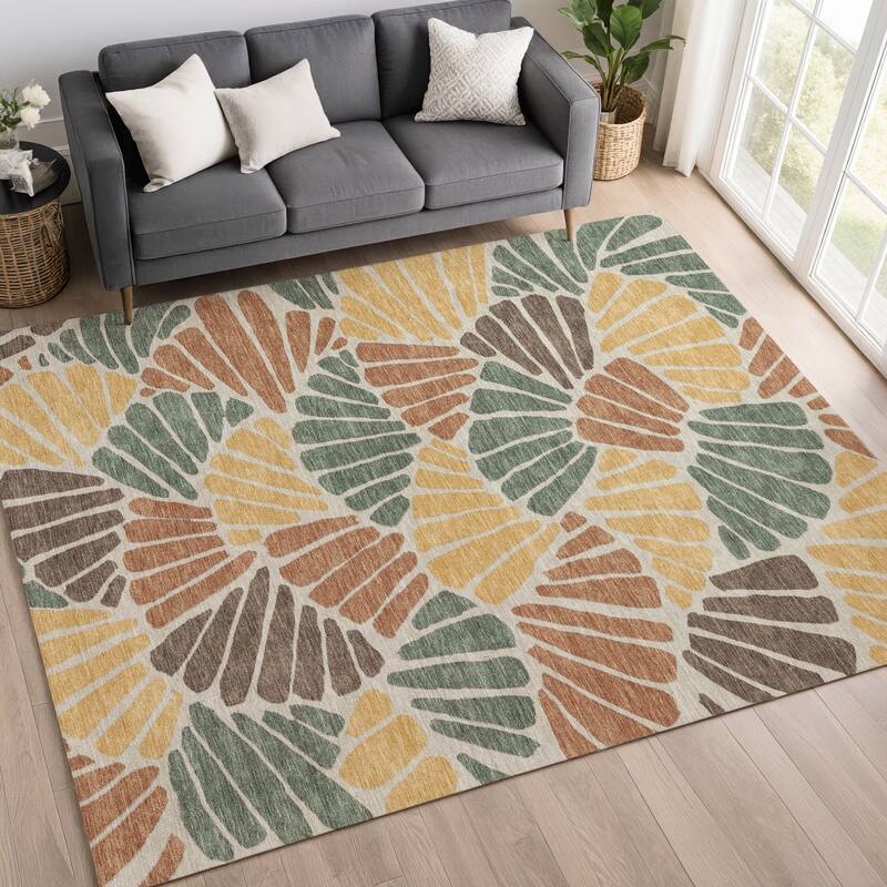 Machine Washable Indoor/ Outdoor Floral Modern Chantille Rug
