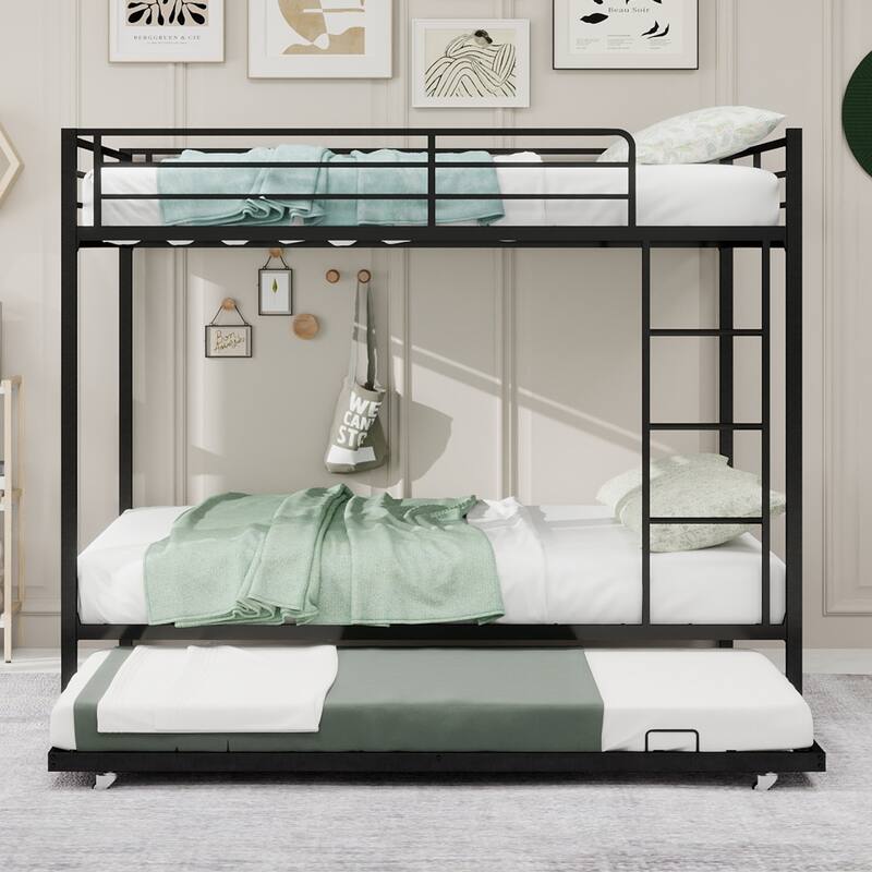 Metal Bunk Bed with Trundle and Safety Rails Modern Minimalist Design for Kids Guest or Shared Rooms