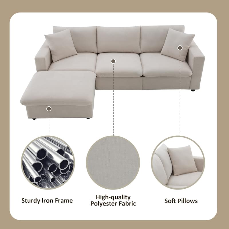 Beige 100.4'' Polyester L-Shaped 4-Seat Sectional Sofa Couch with Convertible Ottoman and 2 Pillows, Contemporary Design