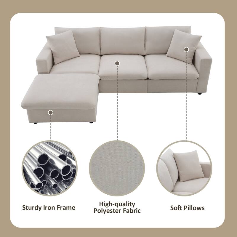 Modern Sectional Sofa, L-Shaped Couch Set with 2 Free pillows, 4-seat Polyester Fabric Sofa Couch with Convertible Ottoman