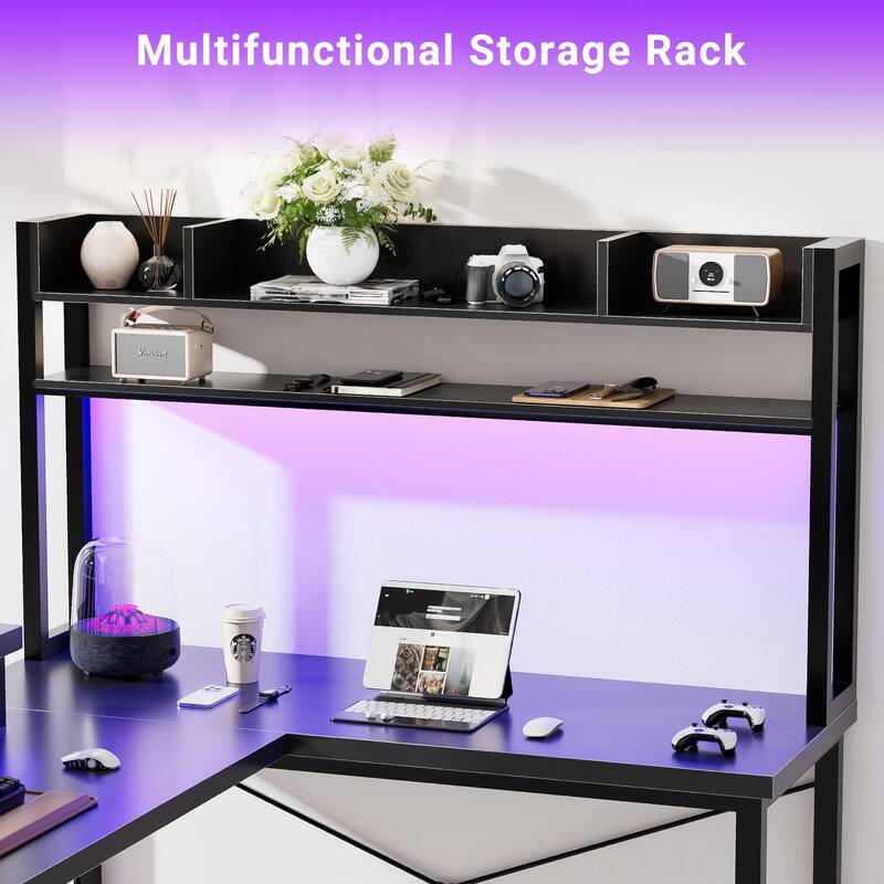 75'' DIY U-Shaped Desk with Hutch, Reversible Office Desk with Power Outlets and LED Strip