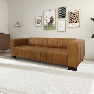 Hazel 93" Wide Mid Century Modern Living Room Leather Couch in Tan