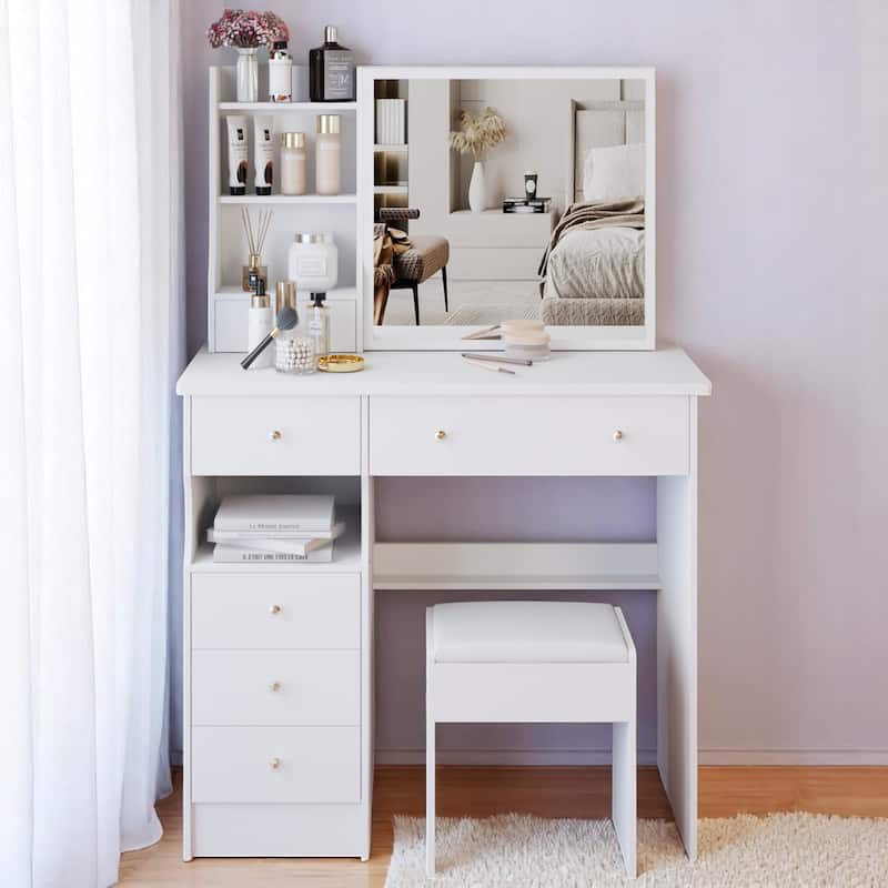 KISRAIS 37" Fashion Vanity Desk with Mirror - White
