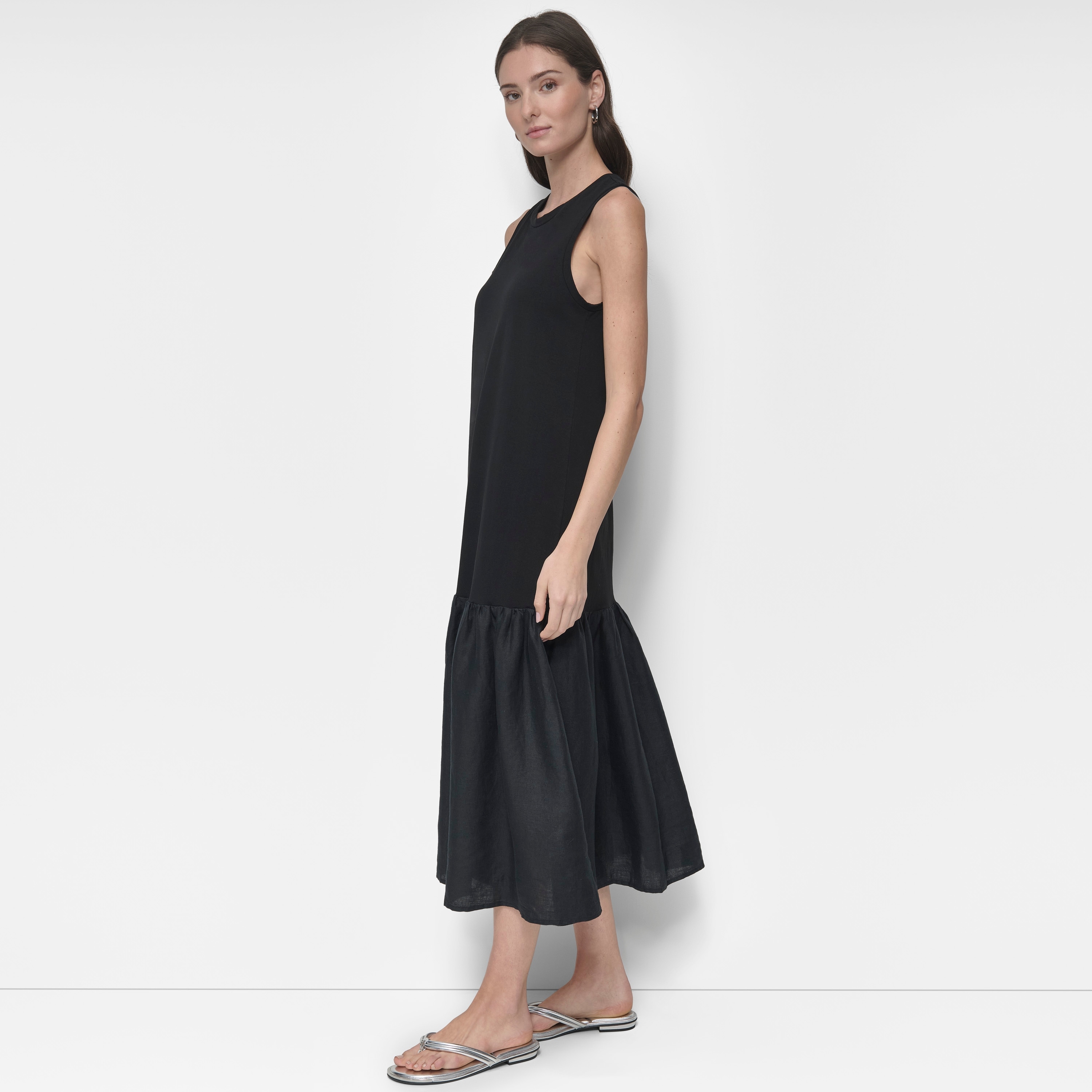 Dkny Mixed Media Tiered Midi Dress - Black - L