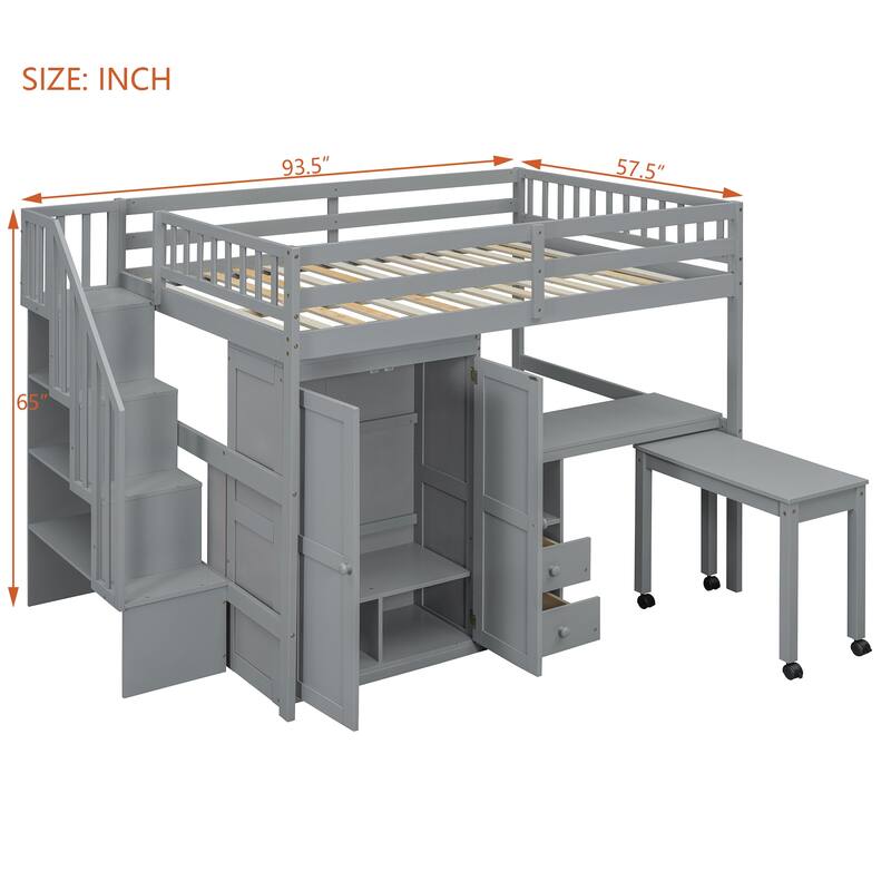 Full Size Loft Bed with Stairs, Bookshelf, Drawers, Desk & Wardrobe - Space-Saving Multifunctional Furniture for Kids & Teens