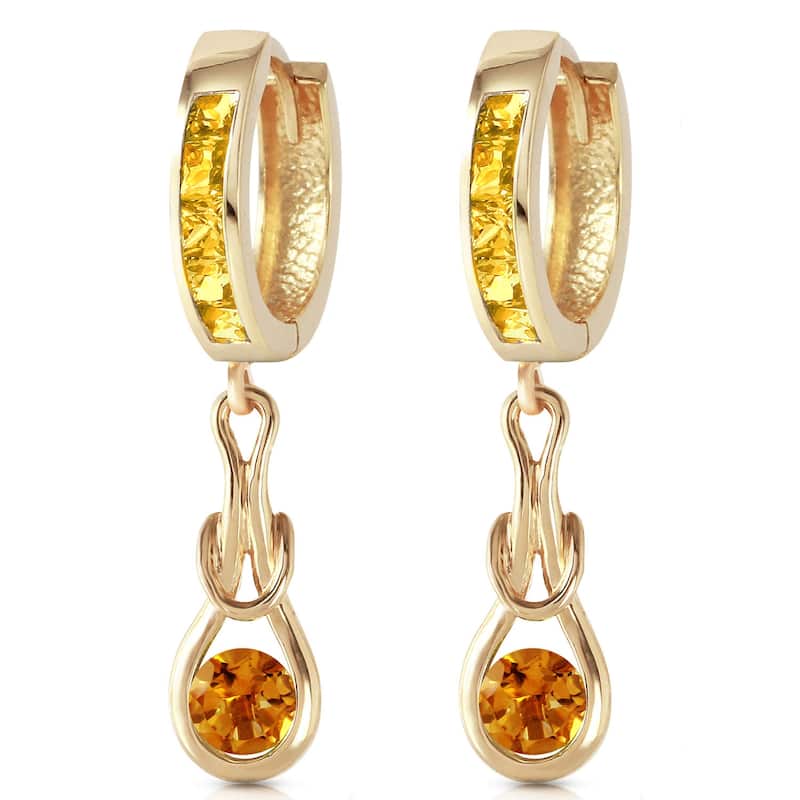 14K Solid Gold Huggie Gemstone Earrings Dangling Natural Citrine