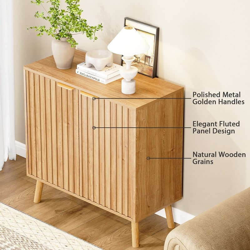Fluted Storage Cabinet, Free Standing Buffet, Wood Sideboard