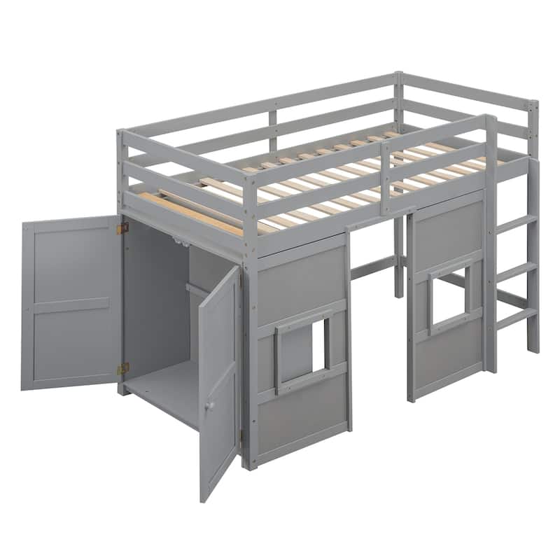 Wood Twin Size Loft Bed with Built-in Storage Wardrobe and 2 Windows w/Full-Length Guardrails, No Boxing Spring Needed