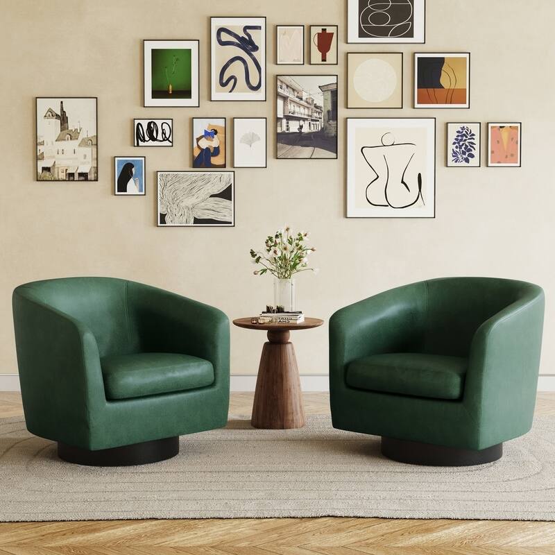 2 Set Modern Wide Round Swivel Accent Barrel Chairs - P-Green - Leather