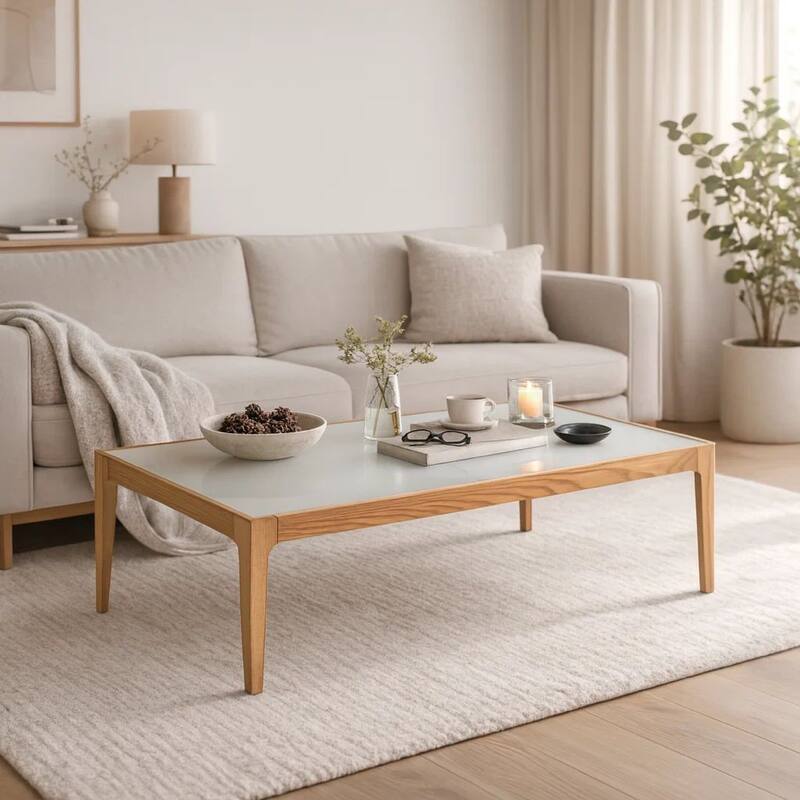 Wooden Frame Rectangular Coffee Table with Beveled Tempered Glass Top, Brown and Clear