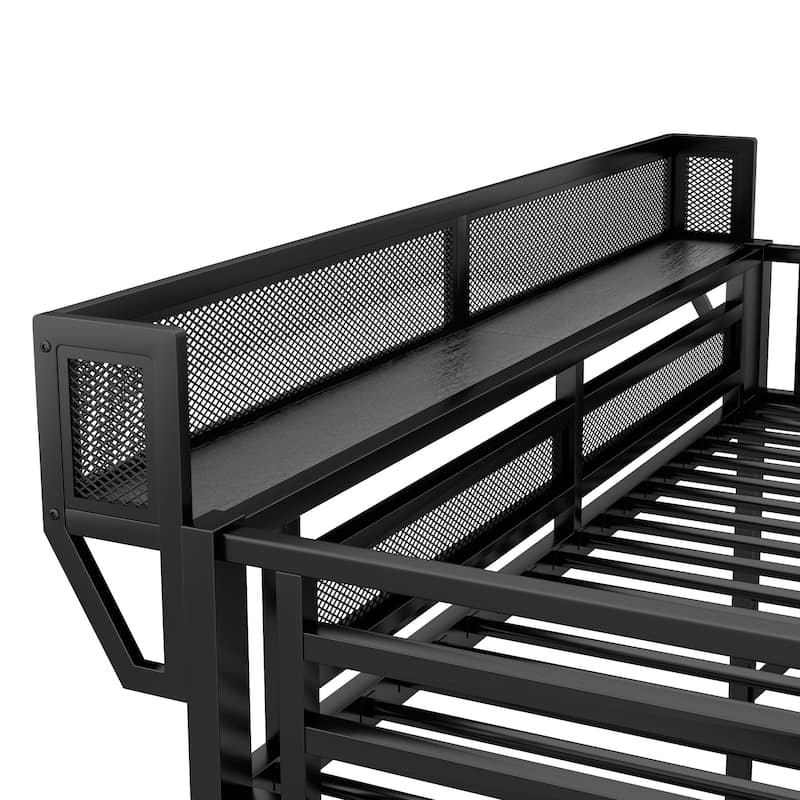 Full Size Loft Bed with Stairs, Metal Full Loft Bed with Storage Shelves, High Loft Bed with Wardrobe for Kids Teens