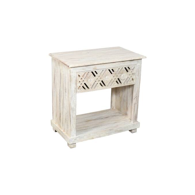 28" White Distressed Carved Geometric Solid Wood Nightstand