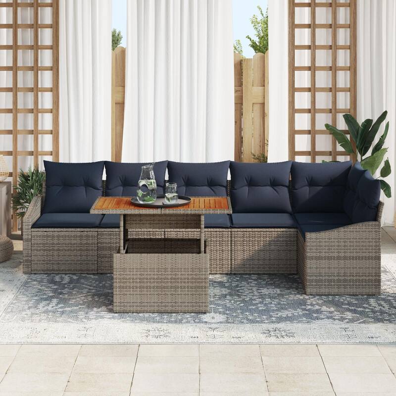 vidaXL 7 Garden Sofa Set with Cushions Black/Grey Poly Rattan - 113.6 x 48.6 x 27.2