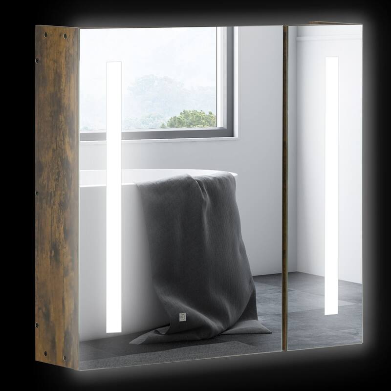 LED Lighted Bathroom Medicine Cabinet with Mirror, USB Charging, Adjustable Shelves, and 3-Tier Storage - Wall Mounted - 6X27.5 in - Rustic Brown + MDF