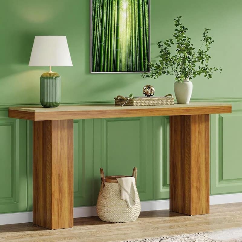 Brown Engineered Wood Console Table with Farmhouse Design and Storage - 62.9” L x 19.6” W x 41.3” H