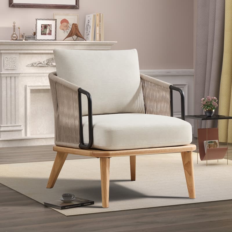 Living Room Casual Wooden Hand Braided Rope Armchair Rattan Chair for Living Room Apartment - Beige - 1PCS