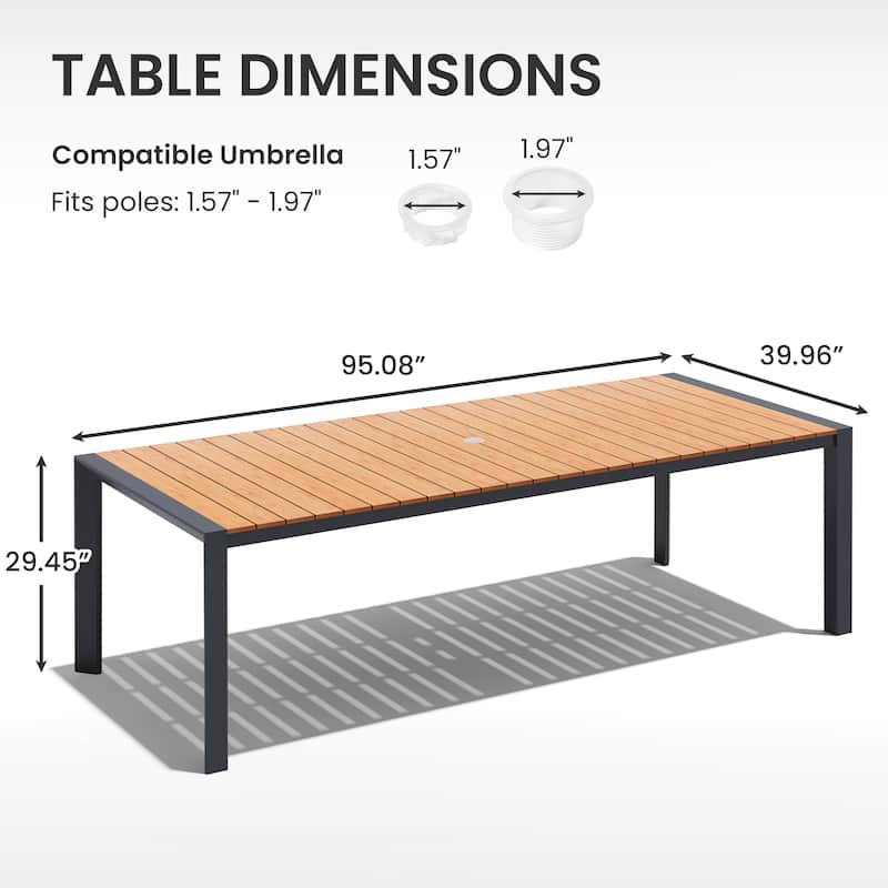 Outdoor All-Weather Aluminum Patio Rectangular Dining Table with Umbrella Hole