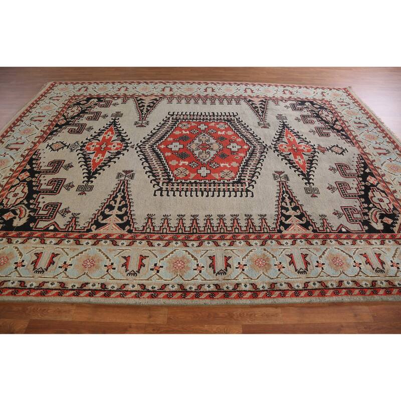Hand Knotted Oriental 100% Wool Carpet Traditional Geometric Greys & Charcoal Viss Area Rug - 11' 10'' X 8' 10''