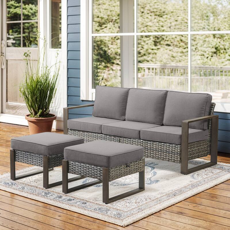 Gymojoy Outdoor Wicker Patio Furniture Sofa Set - 3-Piece Sofa Set - Ottomans - Grey Wicker / Grey Cusion