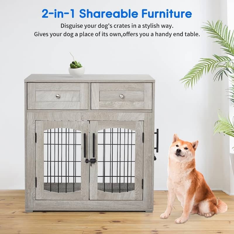 Dog Crate Furniture with Drawers, Wooden Kennel Table with 3 Doors