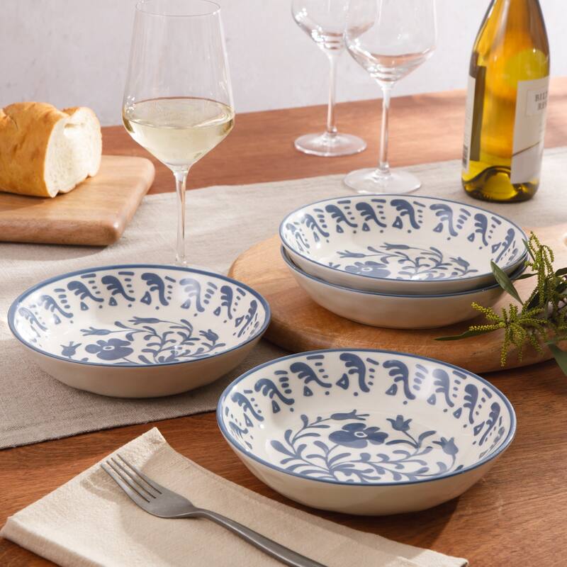 Bloomhouse - 2-Time Oprah's Favorite Things, Valencia Flor 4 Piece 8" Dinner Bowl Set, Stoneware, Floral Decal Design