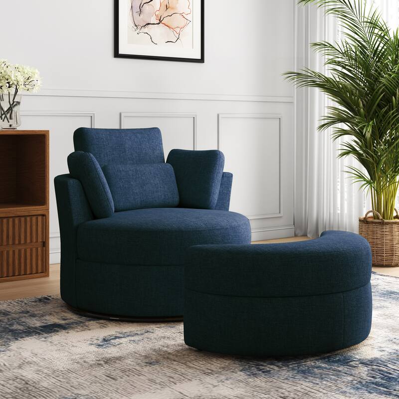 Oversized Upholstered Swivel Barrel Chairs with Storage Ottoman