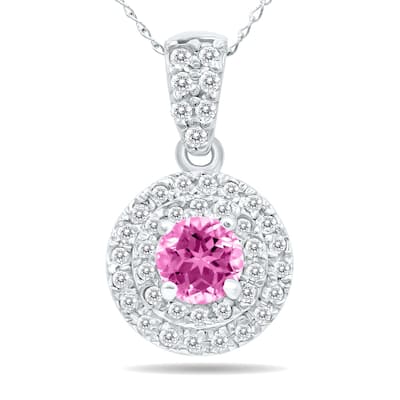 Marquee 3/4 Carat TW Double Halo Pink Topaz And Diamond Pendant in 10K White Gold