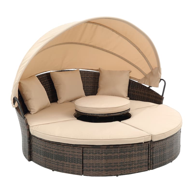 Rattan Outdoor Daybed with Adjustable Canopy, Convertible Clamshell Design, Wicker Sectional Sofa Set with Lift Coffee Table