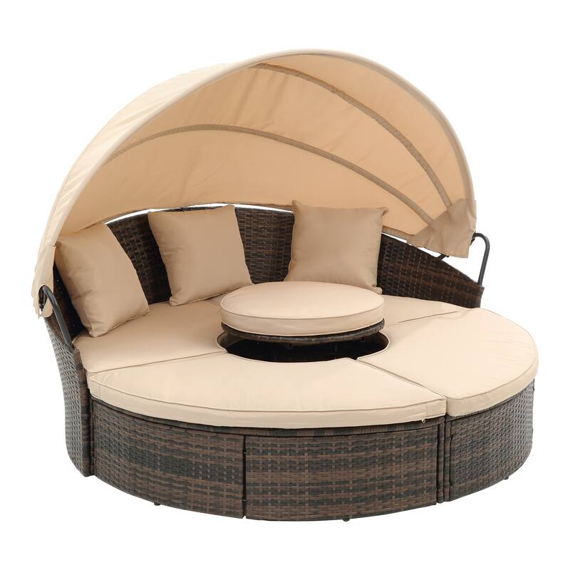Rattan Round Lounge, Canopy Bali Canopy Bed Outdoor, Wicker Outdoor Sofa Bed w/ Lift Coffee Table, Navy Blue