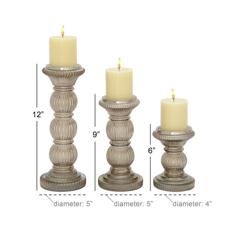 Gray Glass Handmade Turned Style Pillar Decorative Candle Holder (Set of 3)