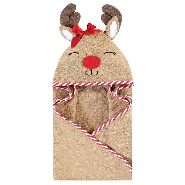 slide 1 of 1, Hudson Baby Infant Girl Cotton Animal Face Hooded Towel, Girl Holiday Reindeer, One Size - Girl Holiday Reindeer - One Size One Size - Girl Holiday Reindeer