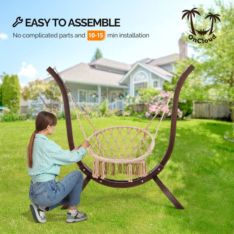 Carbonized Brown Wooden Hammock Chair Stand Curved Russian Larch Frame for Indoor and Outdoor Use Weather Resistant